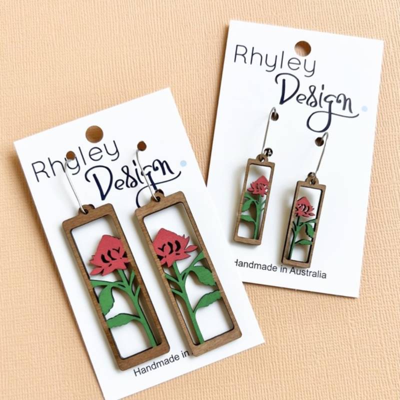 Hand Painted Floral Timber Earrings