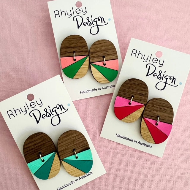 Handmade Timber Oval Geo Paint Earrings