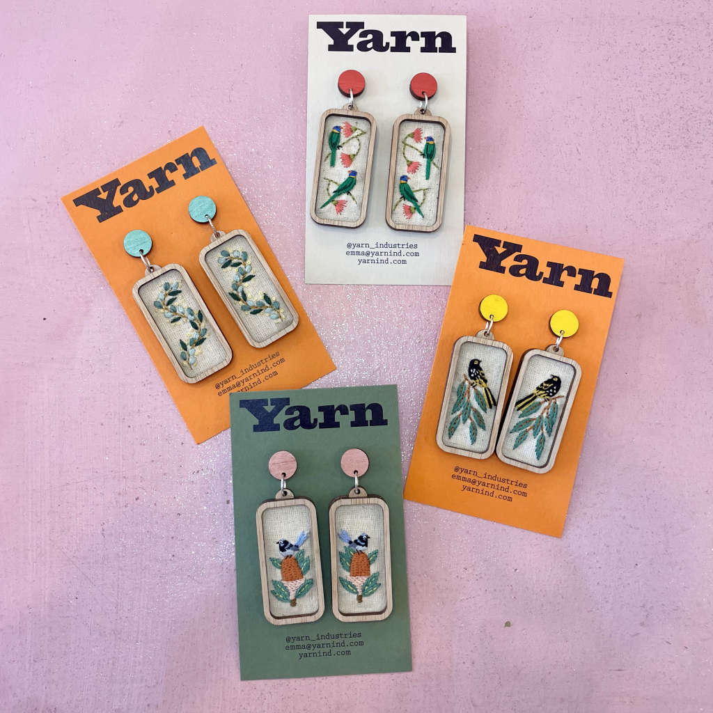 Hand Embroidered Australian Bird & Flora Earrings