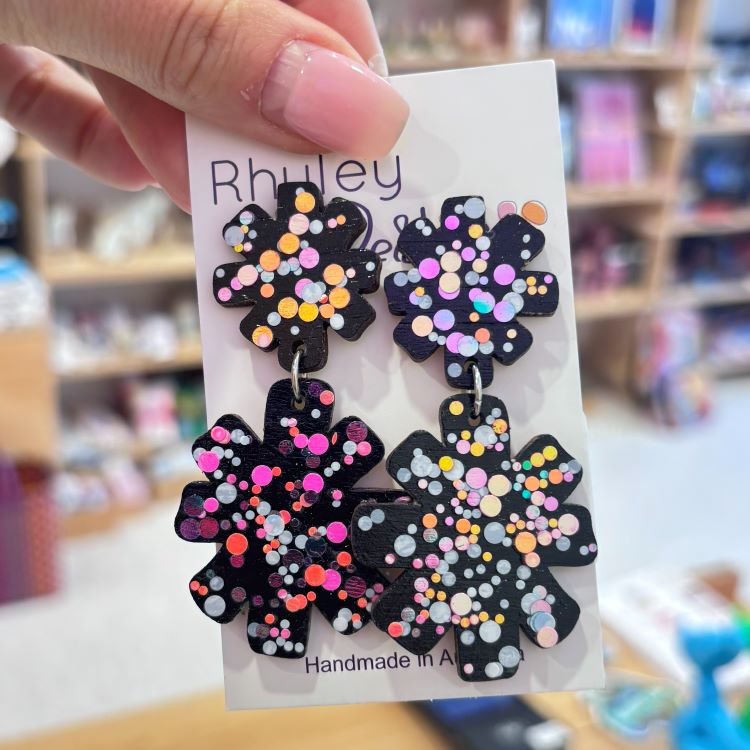Black Glitter Star Burst Statement Earings