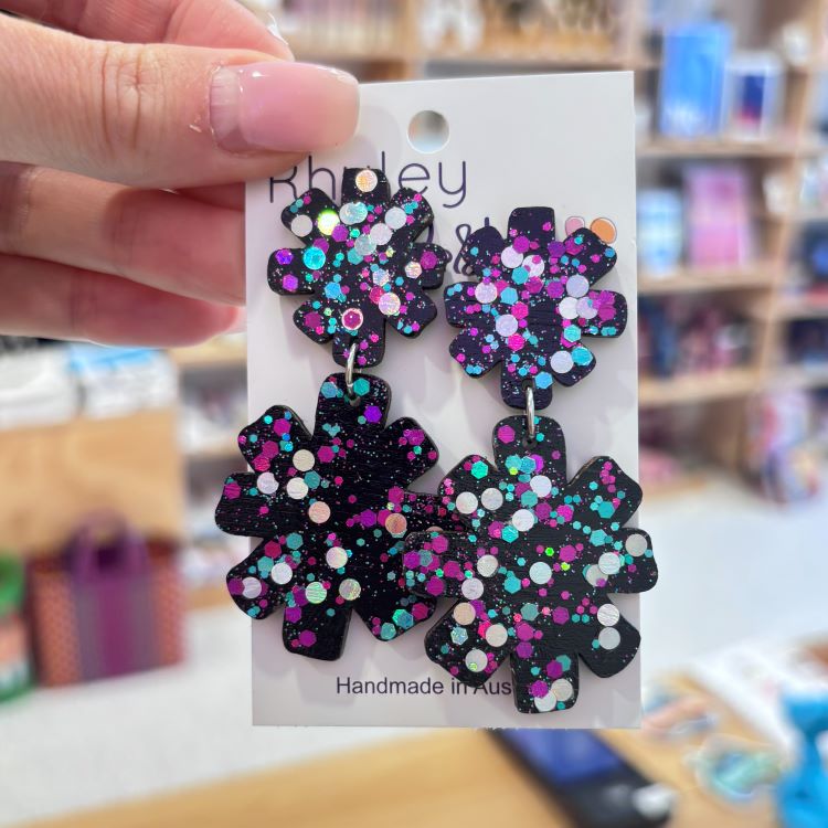 Black Glitter Star Burst Statement Earings