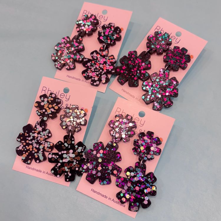 Black Glitter Star Burst Statement Earings