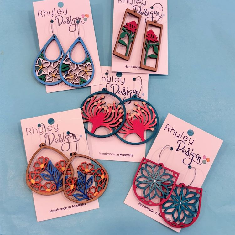 Hand Painted Floral Timber Earrings