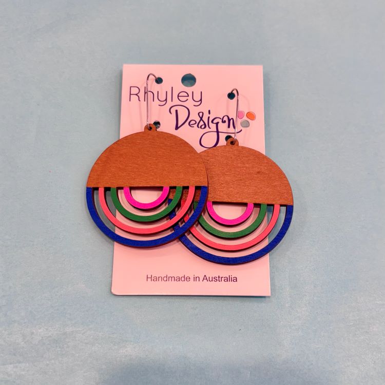 Hand Painted timber rainbow circle earrings