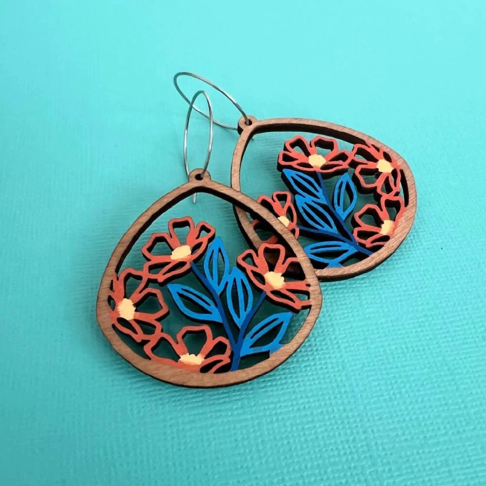 Hand Painted Floral Timber Earrings