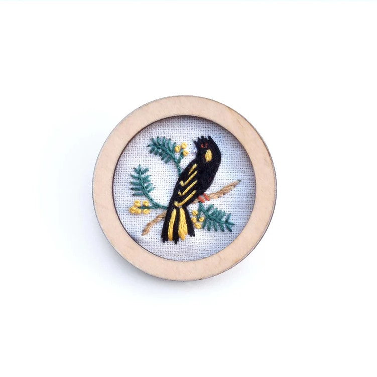 Hand Embroidered Australian Bird & Flora Brooch