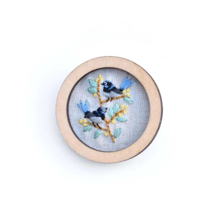 Hand Embroidered Australian Bird & Flora Brooch