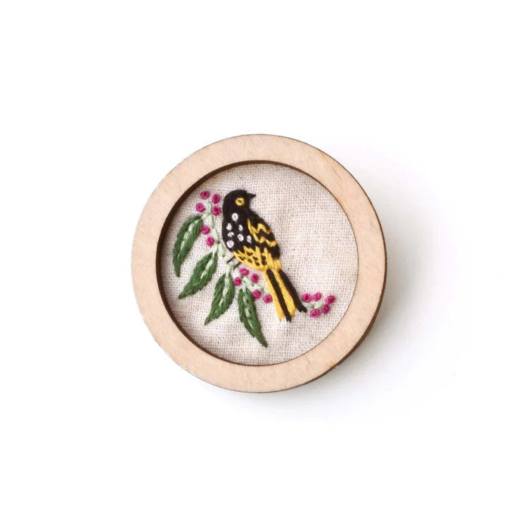 Hand Embroidered Australian Bird & Flora Brooch