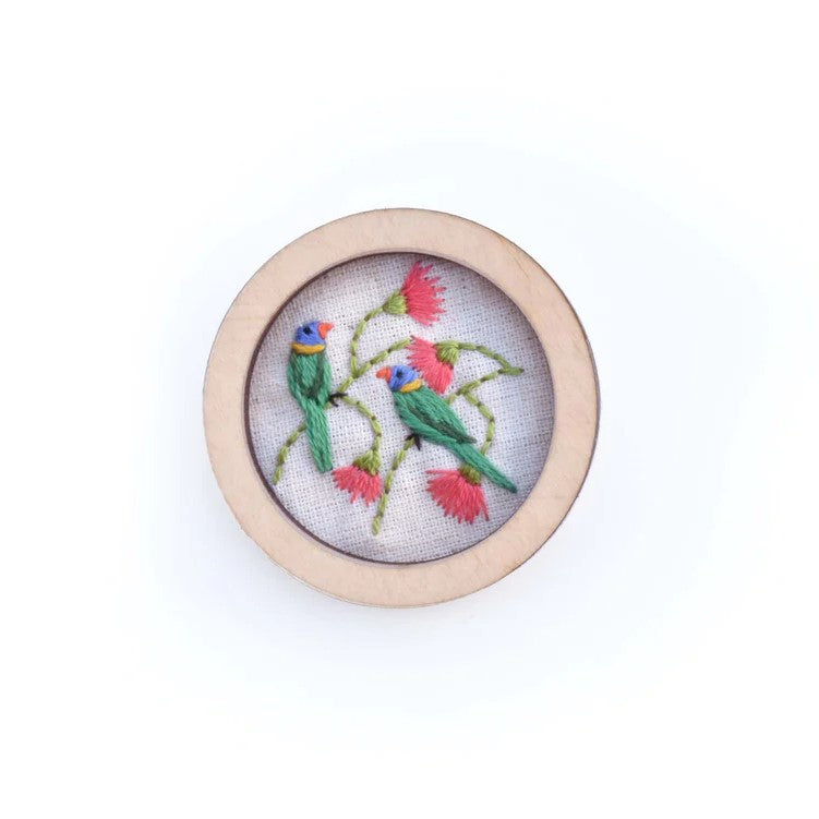 Hand Embroidered Australian Bird & Flora Brooch